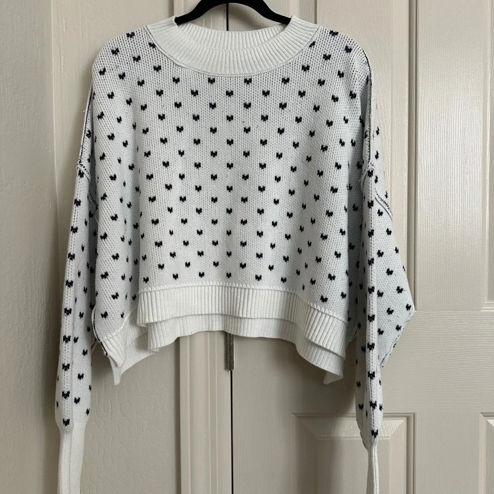 Free People Easy Street Patterned Crop Pullover White Navy Heart Knit Sweater S